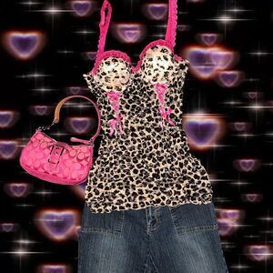 VINTAGE Y2K Cassandra Intimates Leopard Print Micro Mesh Hot Pink Lace Lingerie